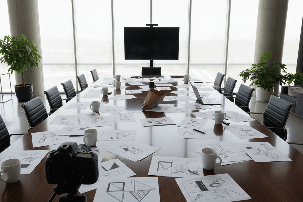 Wide shot of a polished Hollywood studio meeting room under natural light, featuring storyboards and coffee mugs, conveying teamwork and problem-solving