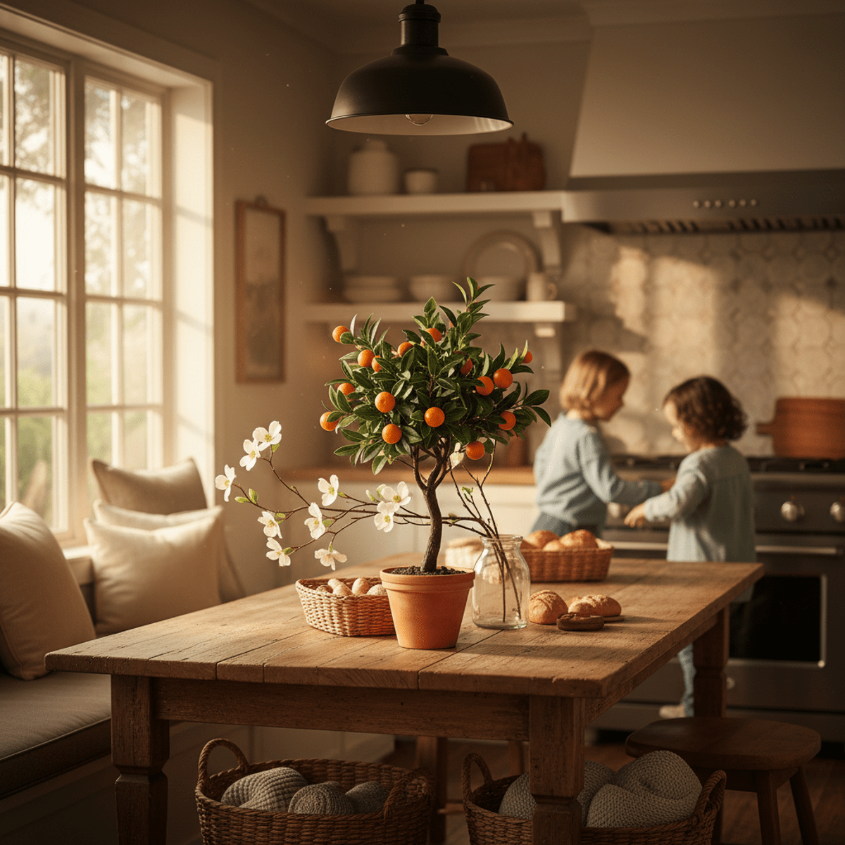 Cozy kitchen with faux orange tree and dogwood branch in golden hour light.