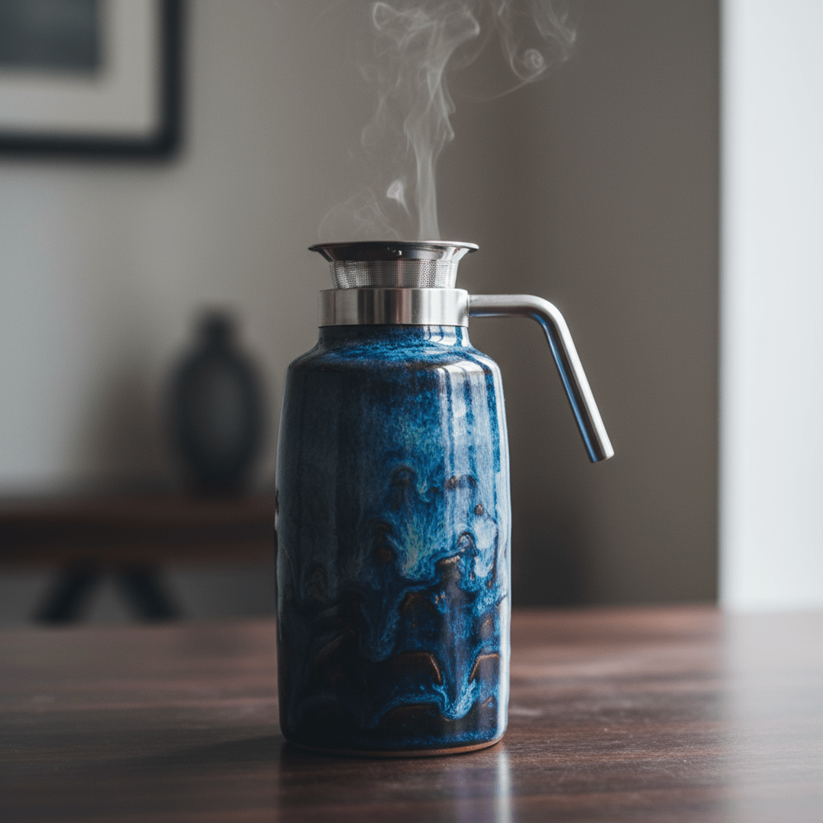 Handcrafted ceramic tea bottle with reactive glaze and integrated infuser, steam rising.