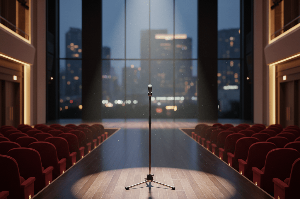 Spotlit microphone on empty stage with warm ambient light, symbolizing strategic music marketing and anticipation