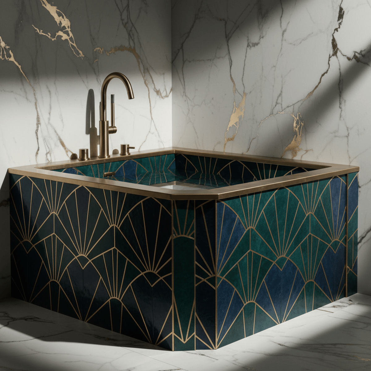 Art Deco soaking tub with geometric lines and jewel-toned tiles, set in marble.