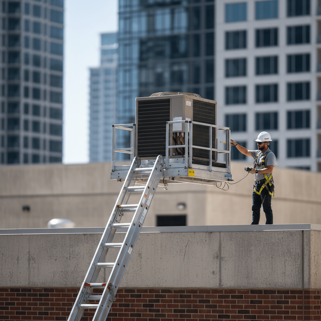 Heavy-duty ladder hoist lifts HVAC unit onto commercial rooftop with technician.