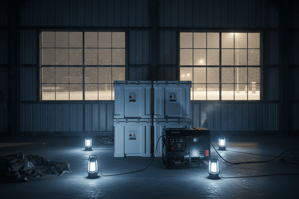 Dark warehouse with emergency lights, generator, and crates showing preparedness for grid failure
