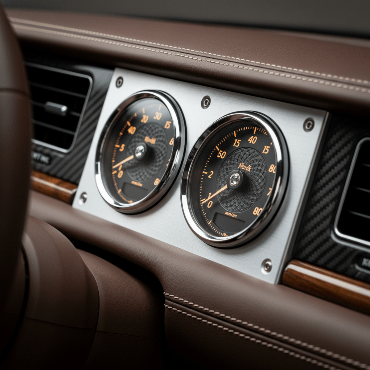 Bespoke luxury car gauges in aerospace aluminum housing on a rich leather dashboard.