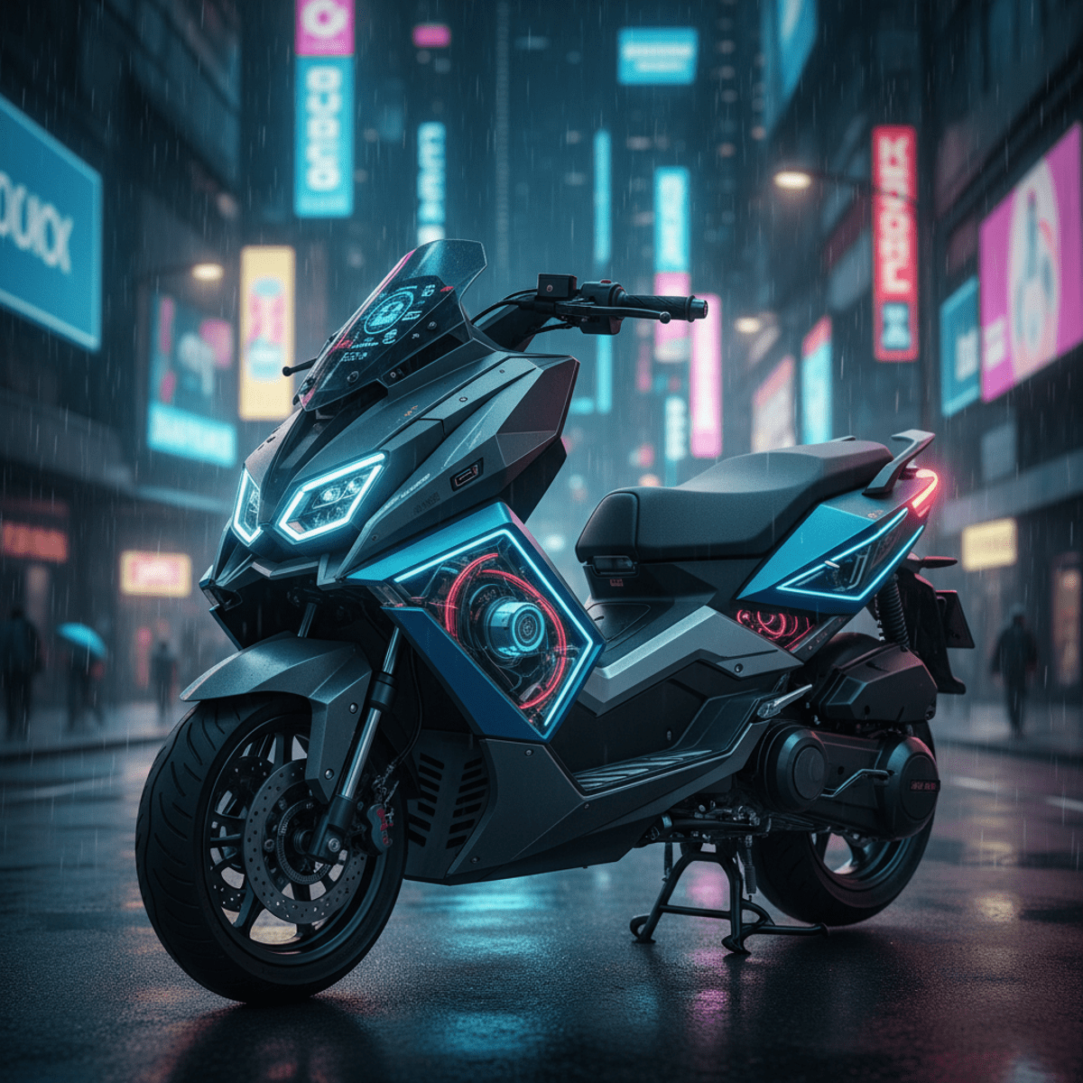 Aggressive cyberpunk scooter with transparent panels on neon-lit city streets.