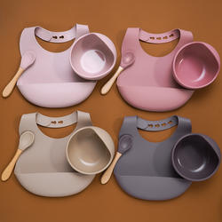 Mix Colour Silicone Spoon With Wooden Handle Hot Selling Baby Silicon Suction Bowl Waterproof Silicone Bibs dropshipping