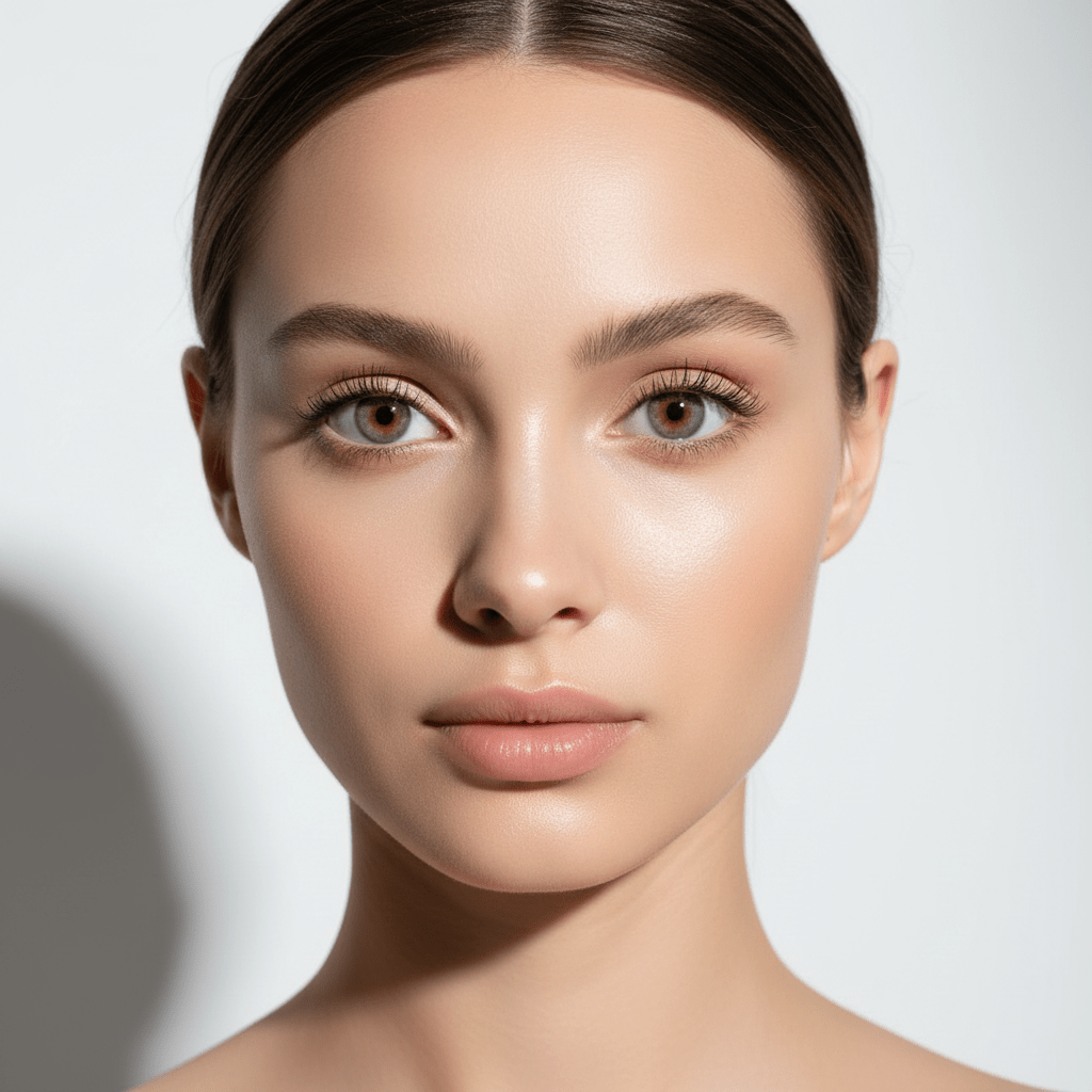 Model with hyper-natural doe eyes, dewy skin, and soft studio lighting.
