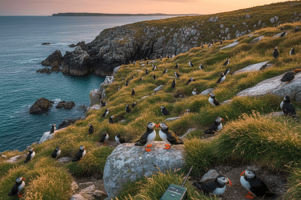 Wide-angle view of restored coastal island featuring active seabirds and discreet conservation tech under warm natural light
