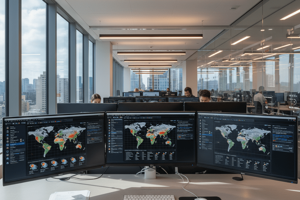 Office workspace showing weather and logistics data on monitors, emphasizing strategic disaster preparedness through technology