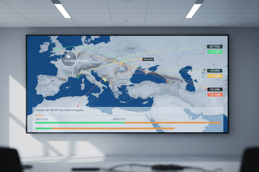 Medium shot of a digital logistics dashboard showing Mediterranean flight paths, Antalya Airport delays, and predictive inventory timing visualizations