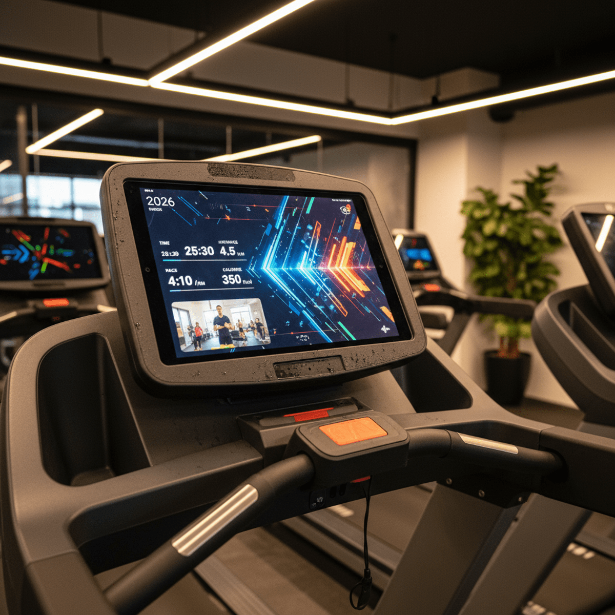 Budget tablet on treadmill console displays vivid workout graphics and virtual fitness class.