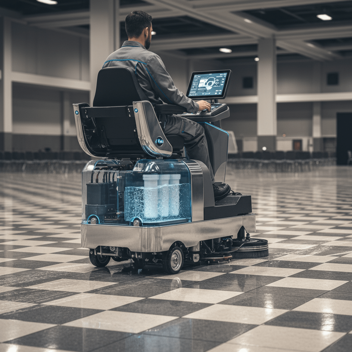 Commercial tile cleaning machine in a convention hall Modern tile cleaning machine operates in a vast convention center hall on wet tiles.