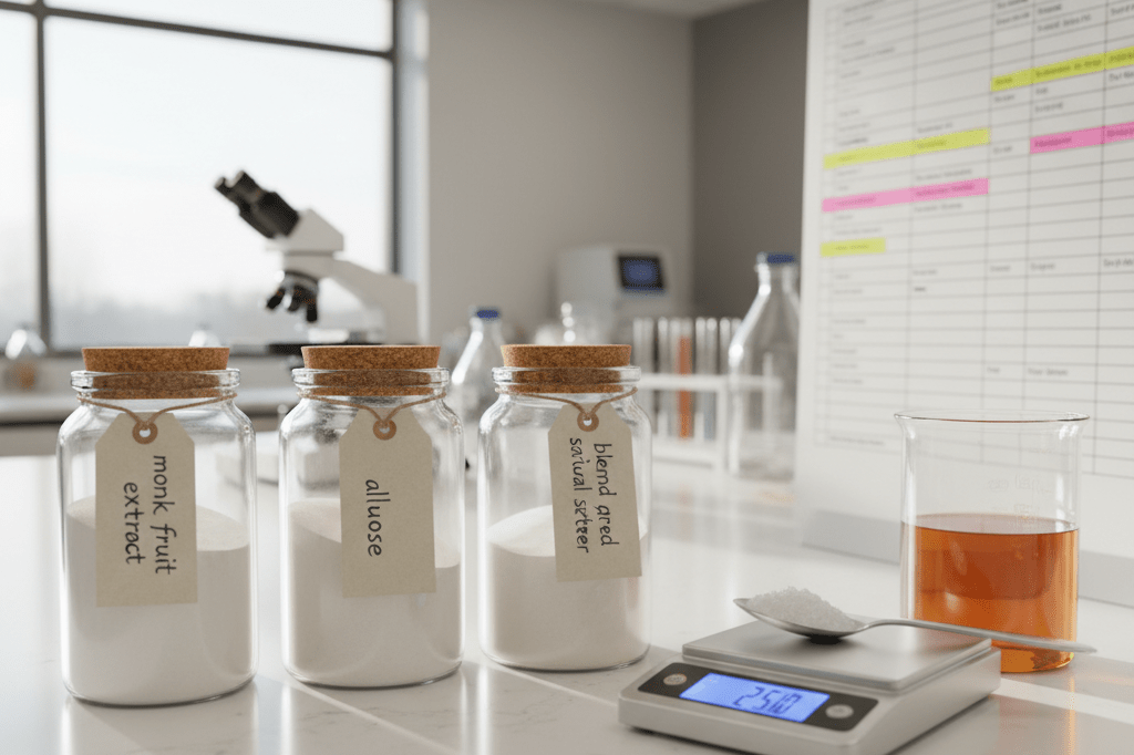 Medium shot of monk fruit, allulose, and blended natural sweeteners in glass jars on a food lab countertop with scientific tools under natural light