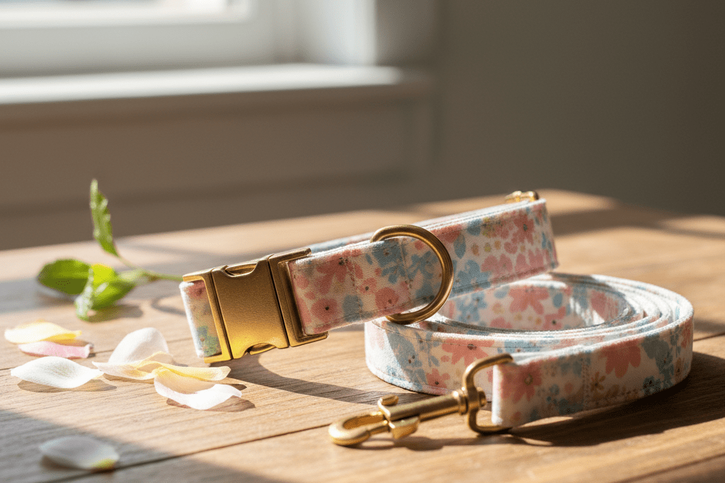 Close-up of a floral-patterned pet collar and leash set surrounded by scattered flower petals under soft natural light.