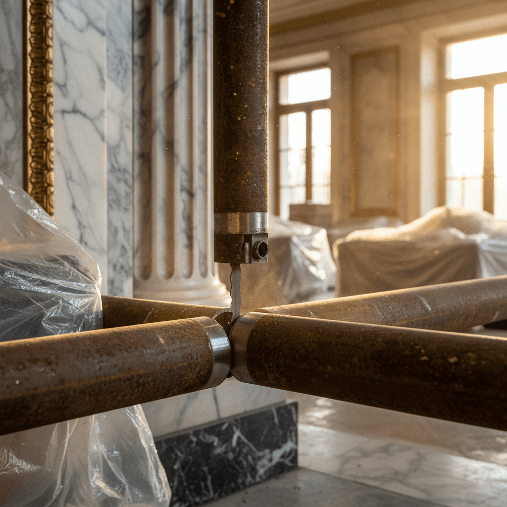 Portable band saw cuts corroded metal pipes in a luxury building renovation.