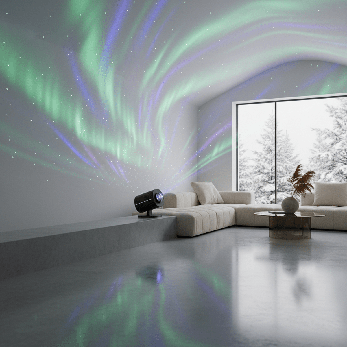 Living room ceiling illuminated by vibrant aurora borealis-inspired Christmas lights.