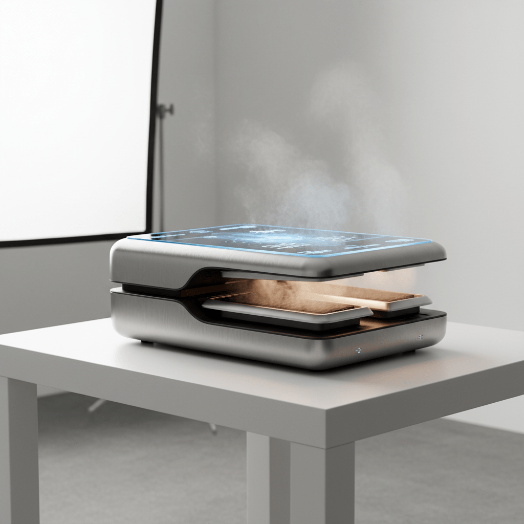 Sleek futuristic ironing machine with holographic fabric analysis display on a modern table.