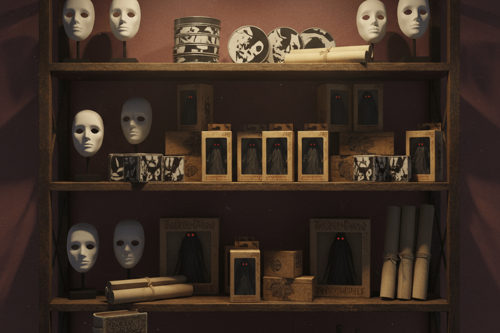 Dimly lit retail shelf showcasing horror-themed collectibles with atmospheric ambient lighting, evoking director-inspired merchandise appeal
