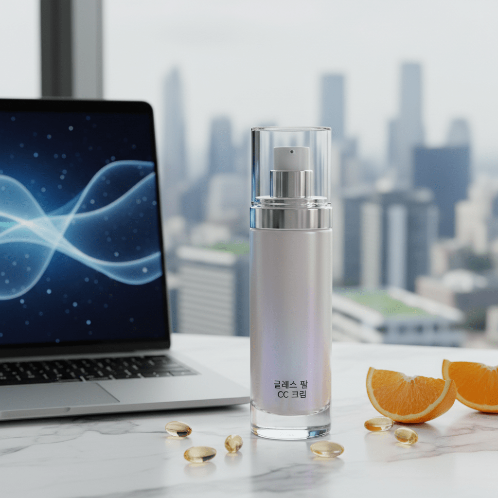 Sleek glass CC cream bottle on marble with laptop and antioxidant ingredients.