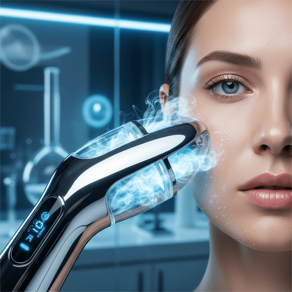 High-tech cryotherapy tool showing frost and a model's lifted facial contours.
