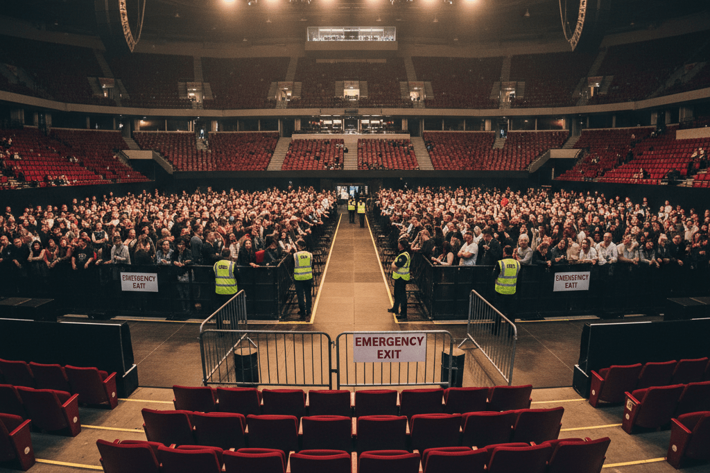 Crowd management safety at an indoor concert venue Wide-angle view of an indoor arena showing security measures and organized seating for effective crowd control
