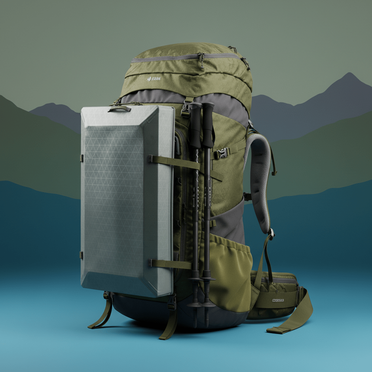 Portable kayak folded and mounted on a modern all-terrain hiking backpack.
