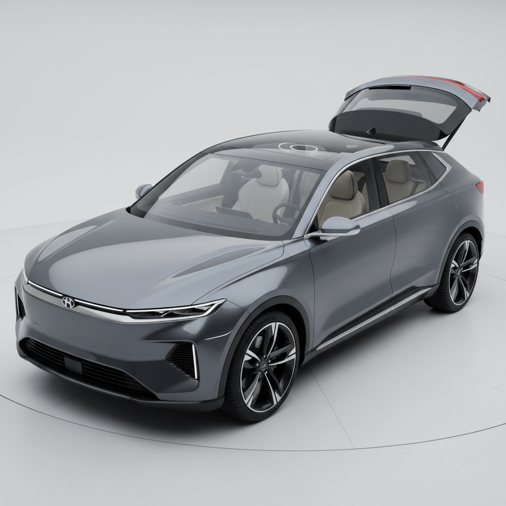 Midsize SUV with sculpted lines and metallic graphite finish in studio lighting.