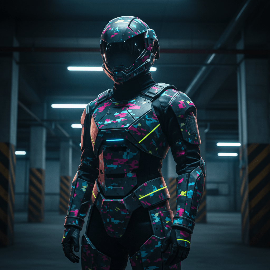 Sleek futuristic combat uniform with glitch camouflage and vibrant neon artifacts.