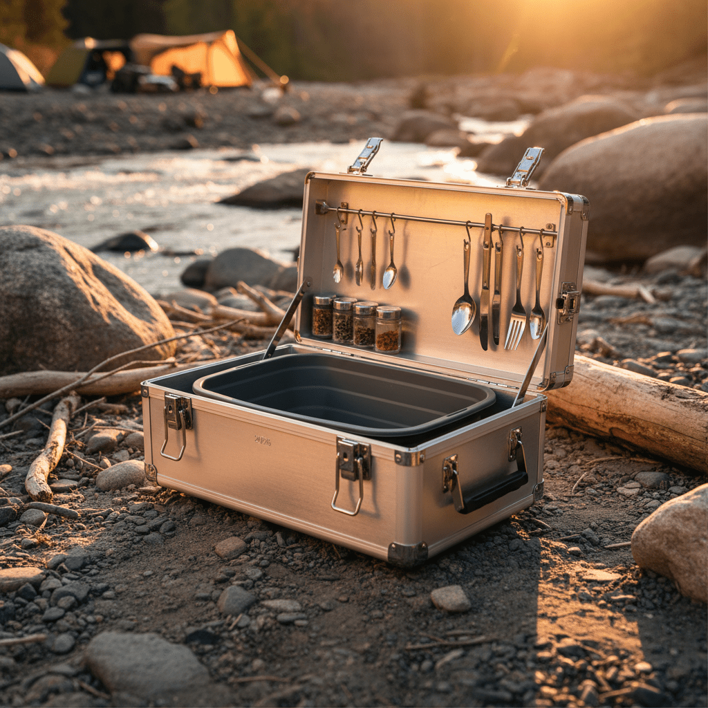 Portable fold-out camp table partially opened, showing expedition-grade hinges and storage.