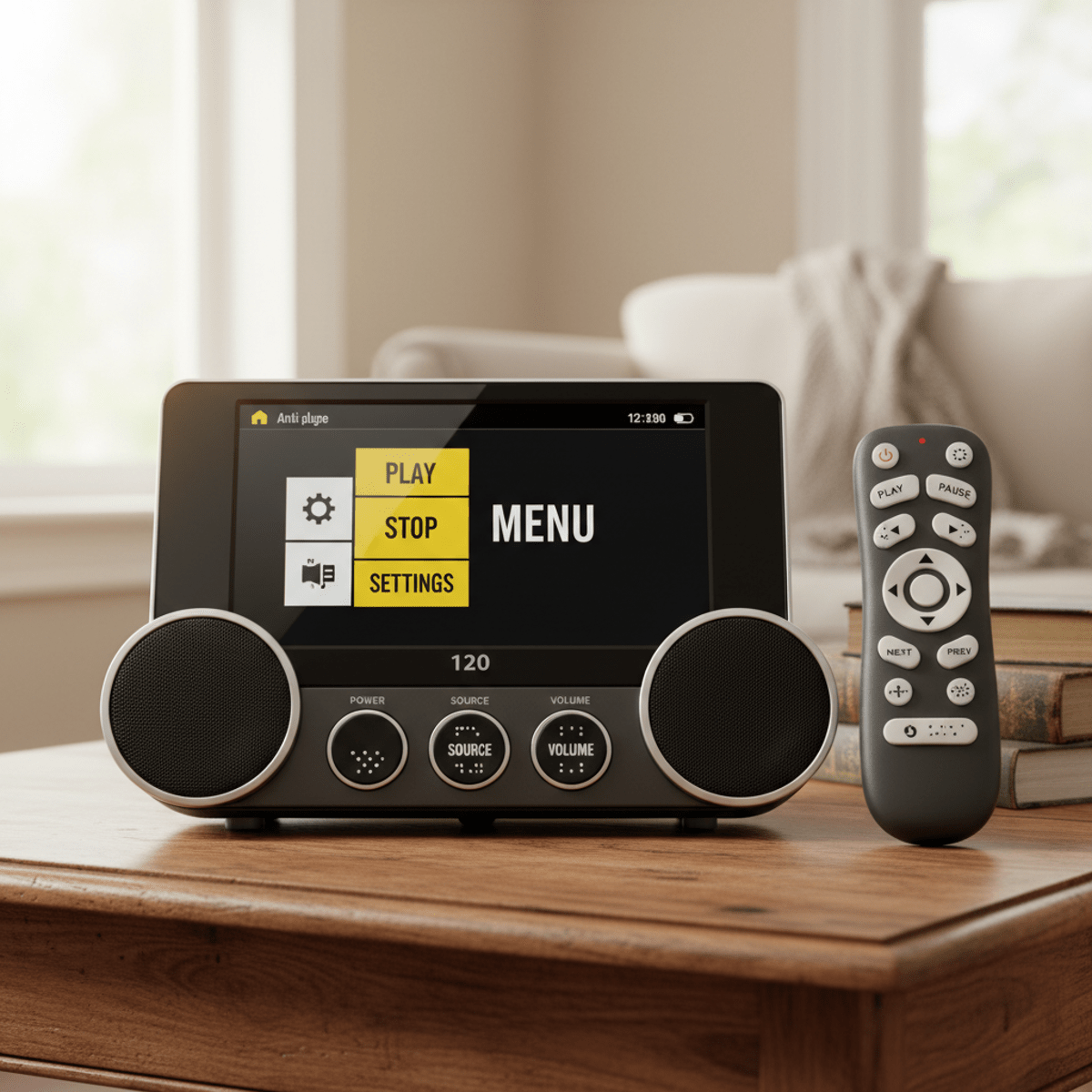 Portable DVD player with large tactile buttons and braille remote on a wooden table.