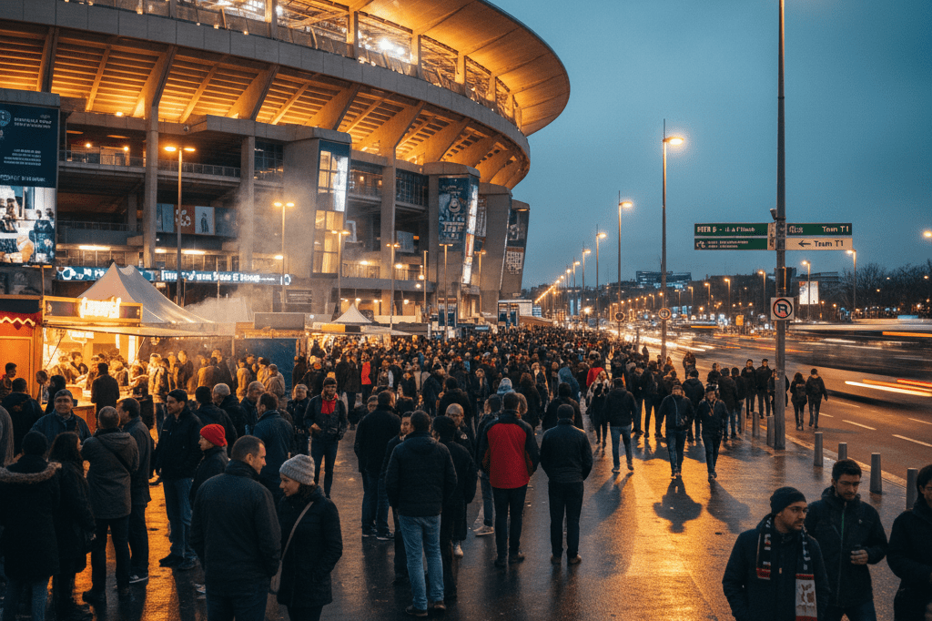 Wide-angle view of Stade de France at dusk showcasing fans, vendors, and city life under natural ambient lighting