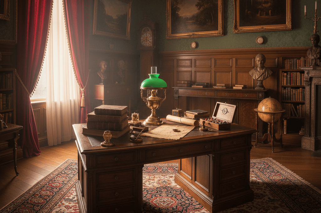 Richly detailed period study with antique desk, leather books, and soft lighting evoking timeless elegance