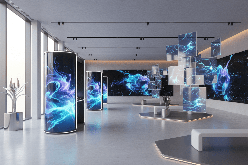 Wide shot of sleek virtual displays in a futuristic showroom bathed in soft ambient lighting