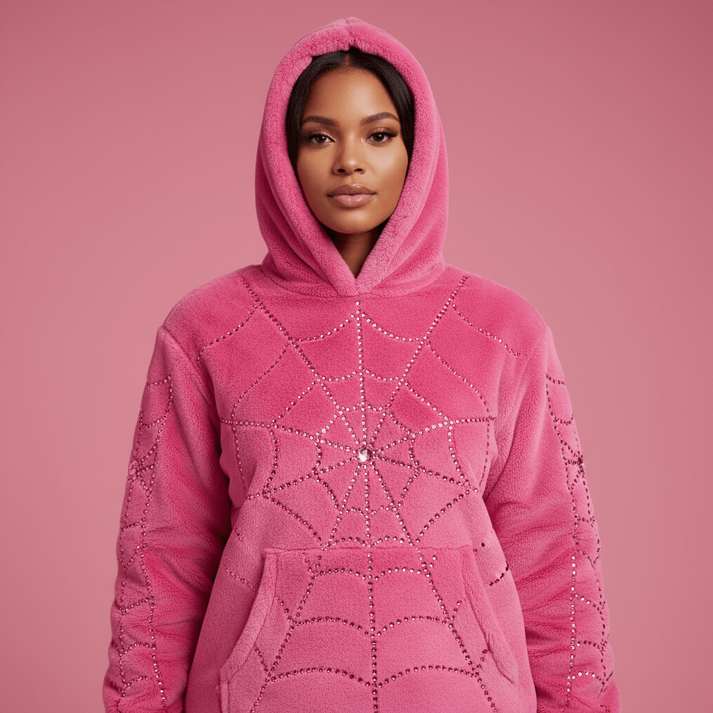 Model in hot pink hoodie with sparkling rhinestone spiderweb design.