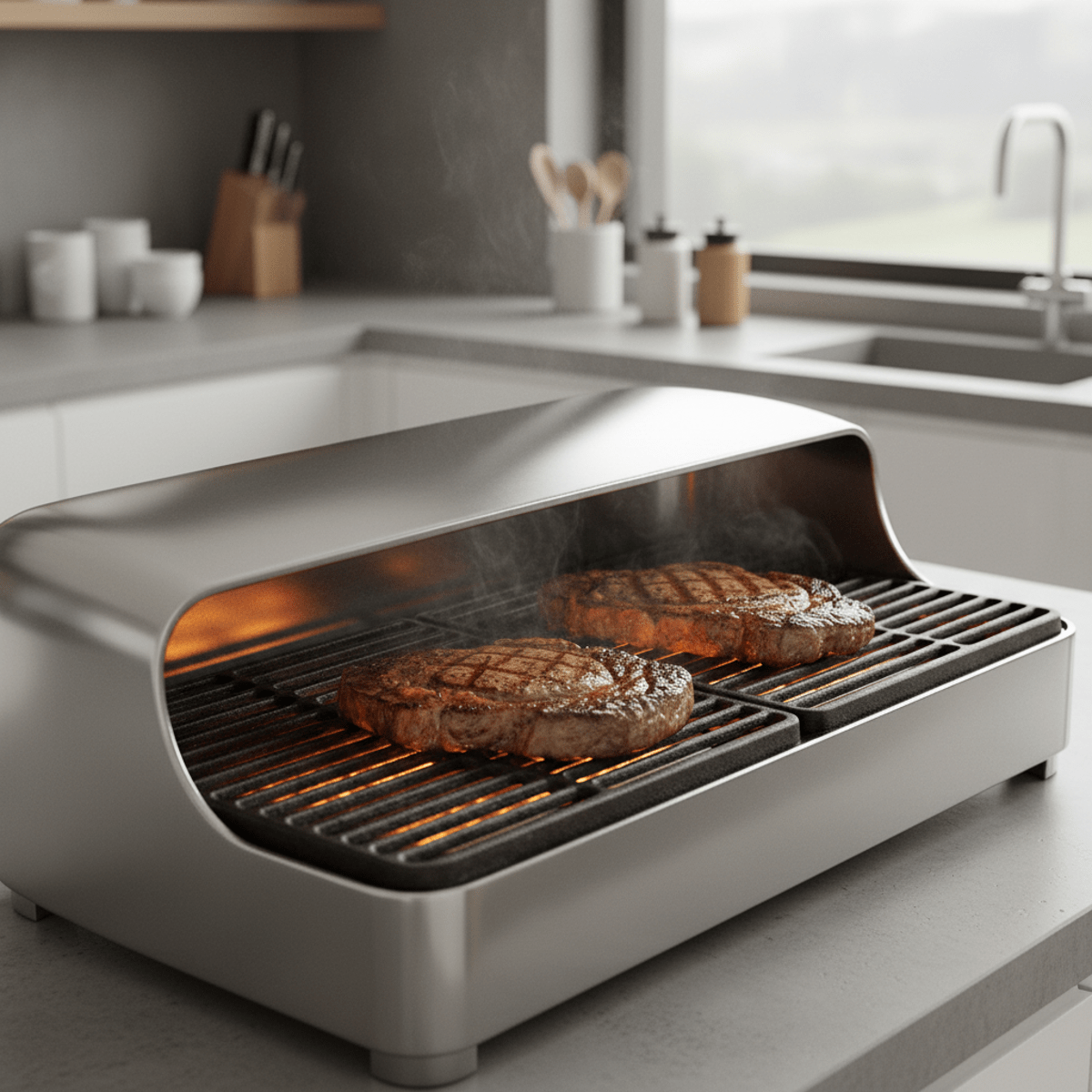 Indoor grill sears steaks with infrared heat and crosshatch marks. Sleek indoor grill sears steaks with vibrant orange infrared heat and perfect grill marks.
