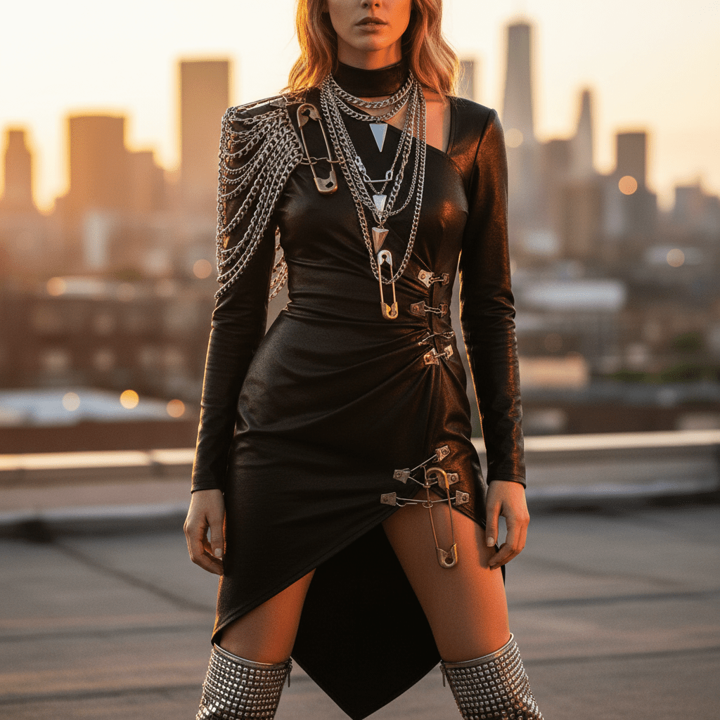Close-up of a retro-futuristic rock outfit with silver hardware and chain details.