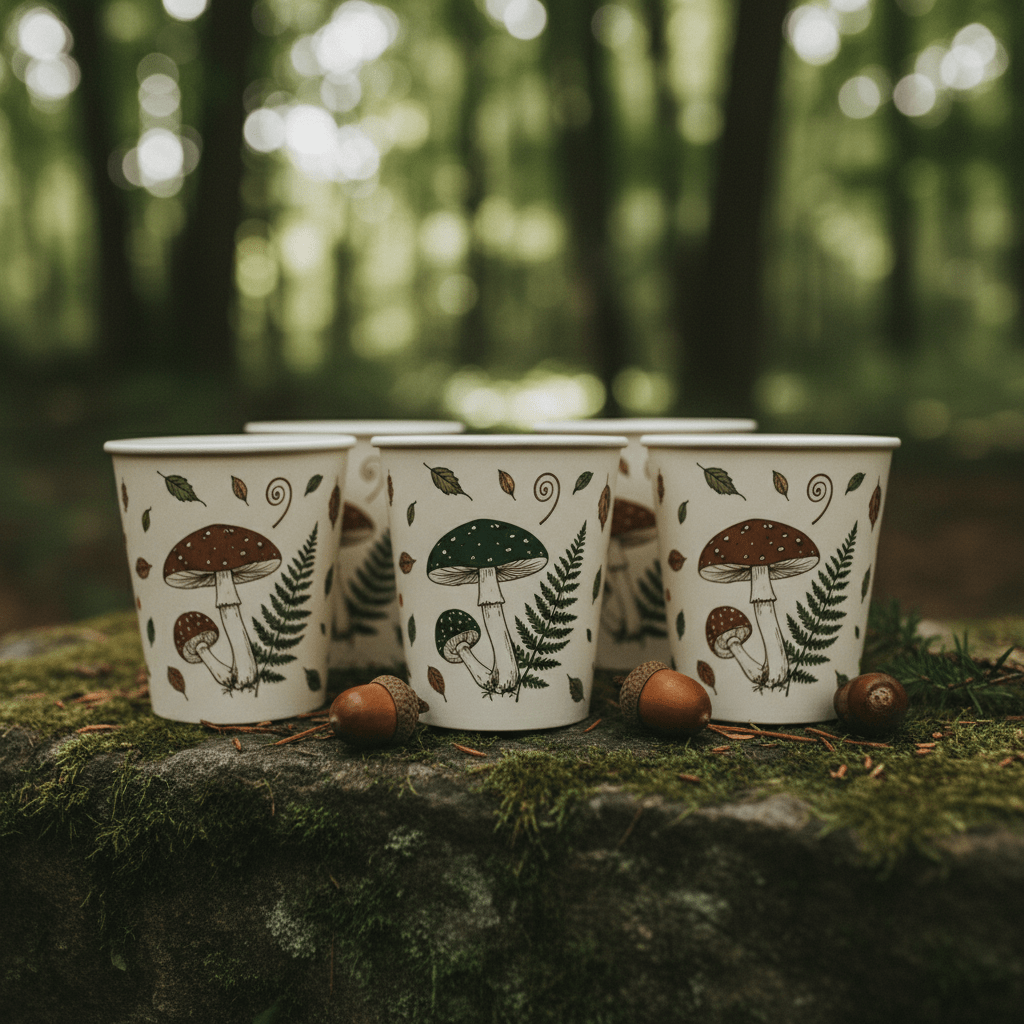 Woodland snack cups with forest illustrations on mossy stone.