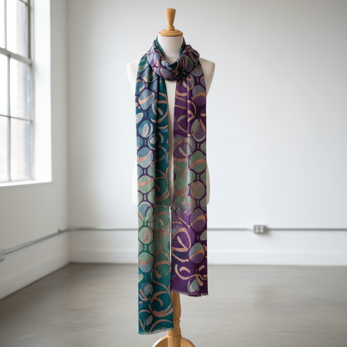 Bohemian animal print scarf with iridescent scales and flowing curves in teal and purple.