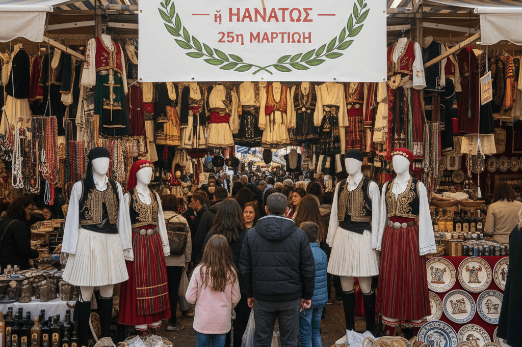 Stalls displaying colorful traditional Greek clothing and cultural products in a lively market setting bathed in warm daylight