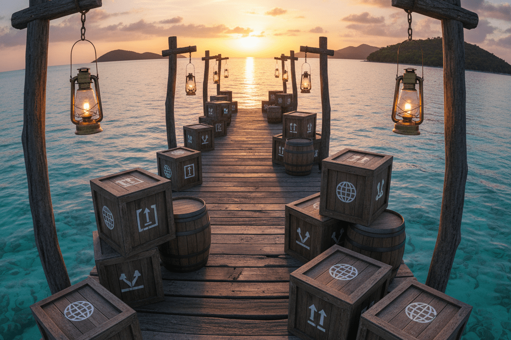 Old wooden dock filled with crates and barrels near calm ocean waters during golden hour, evoking 19th-century Caribbean trading routes