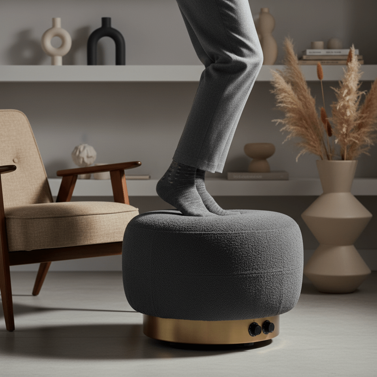 Luxurious charcoal bouclé ottoman with weighted core beside an armchair.