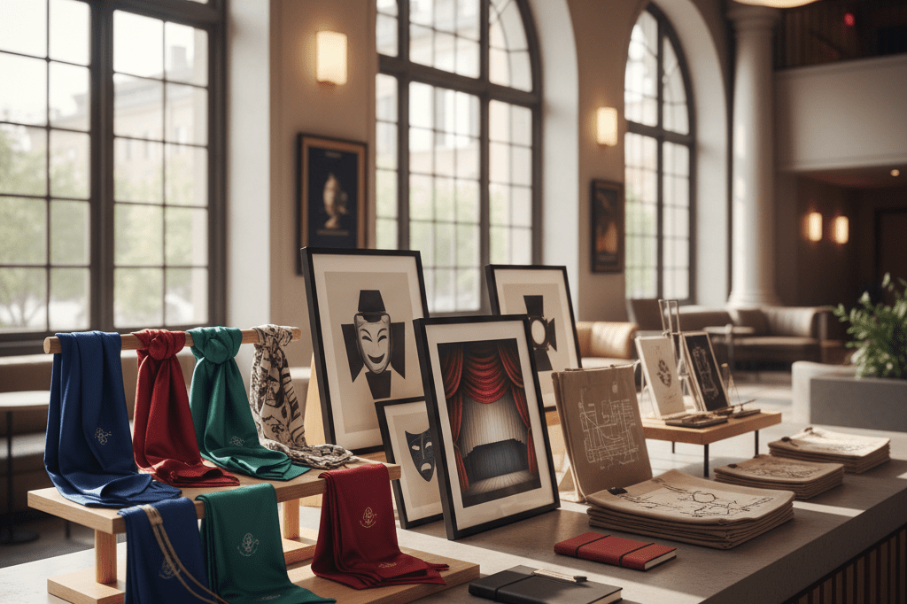 Stylish display of premium theatrical merchandise under natural light Wide shot of an elegant theater merchandise counter with art prints, scarves, and totes under warm ambient lighting