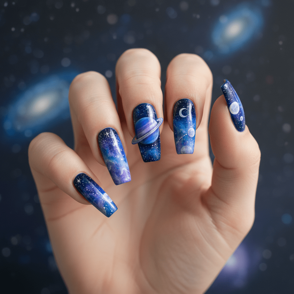 Acrylic nails painted with a continuous celestial skyscape narrative, featuring stars and nebulae.