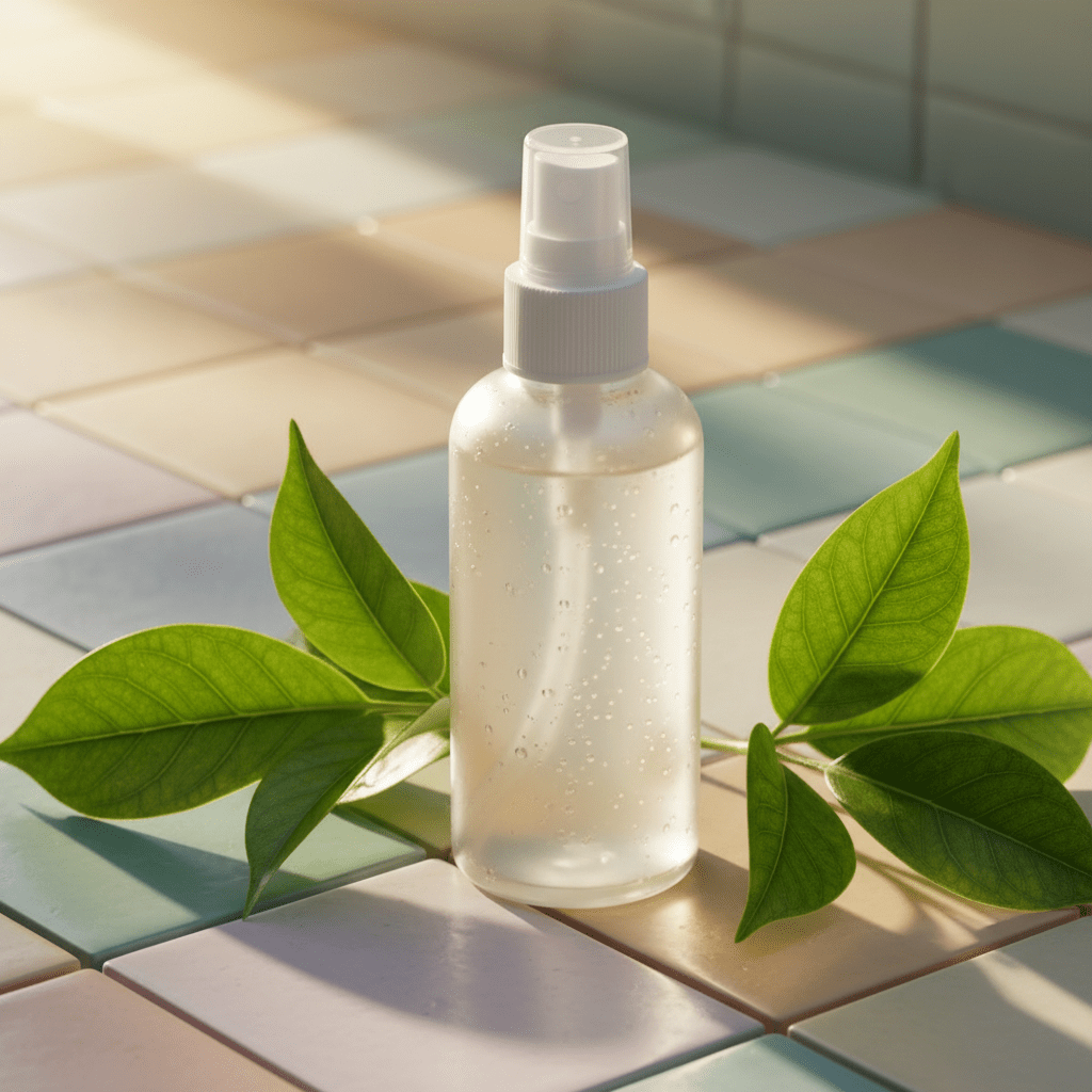 Hair growth oil spray bottle with leaves and sunlight, promoting scalp barrier protection.