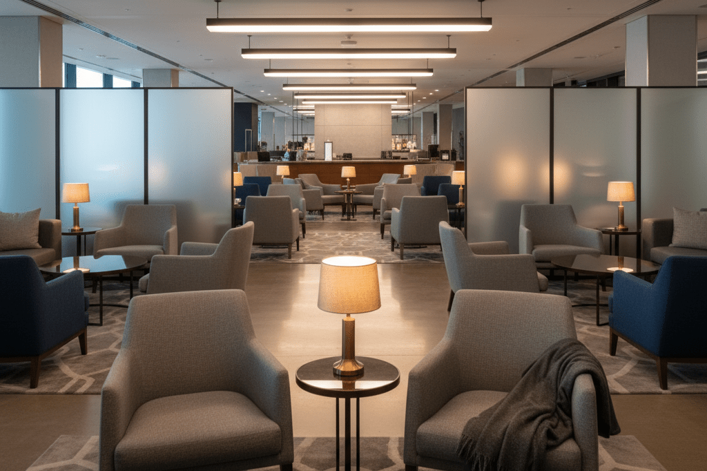 Empty upscale airport lounge with cozy seating under warm ambient lighting, symbolizing restricted access for elite travelers