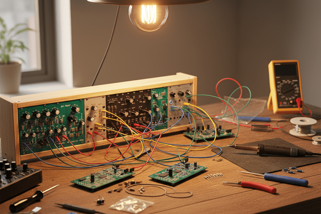 Custom electronic music components on a DIY workbench Workbench with modular synthesizer parts and tools under warm light, symbolizing custom music equipment trends