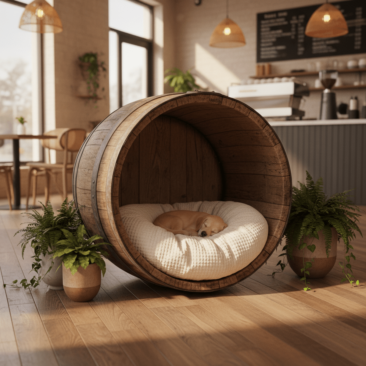 Rustic wooden barrel converted into a cozy dog nook in a pet-friendly cafe.