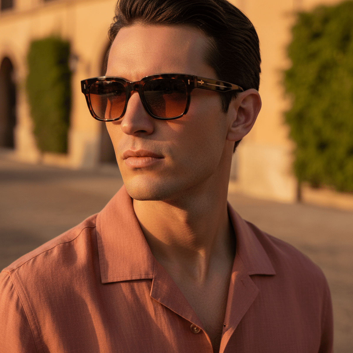Fashionable man in 2026 wearing bold square acetate sunglasses with gradient lenses.