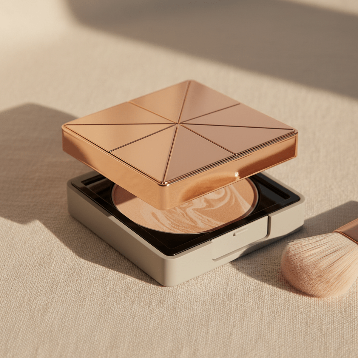 Geometric refillable compact powder case with metallic alloy on linen.