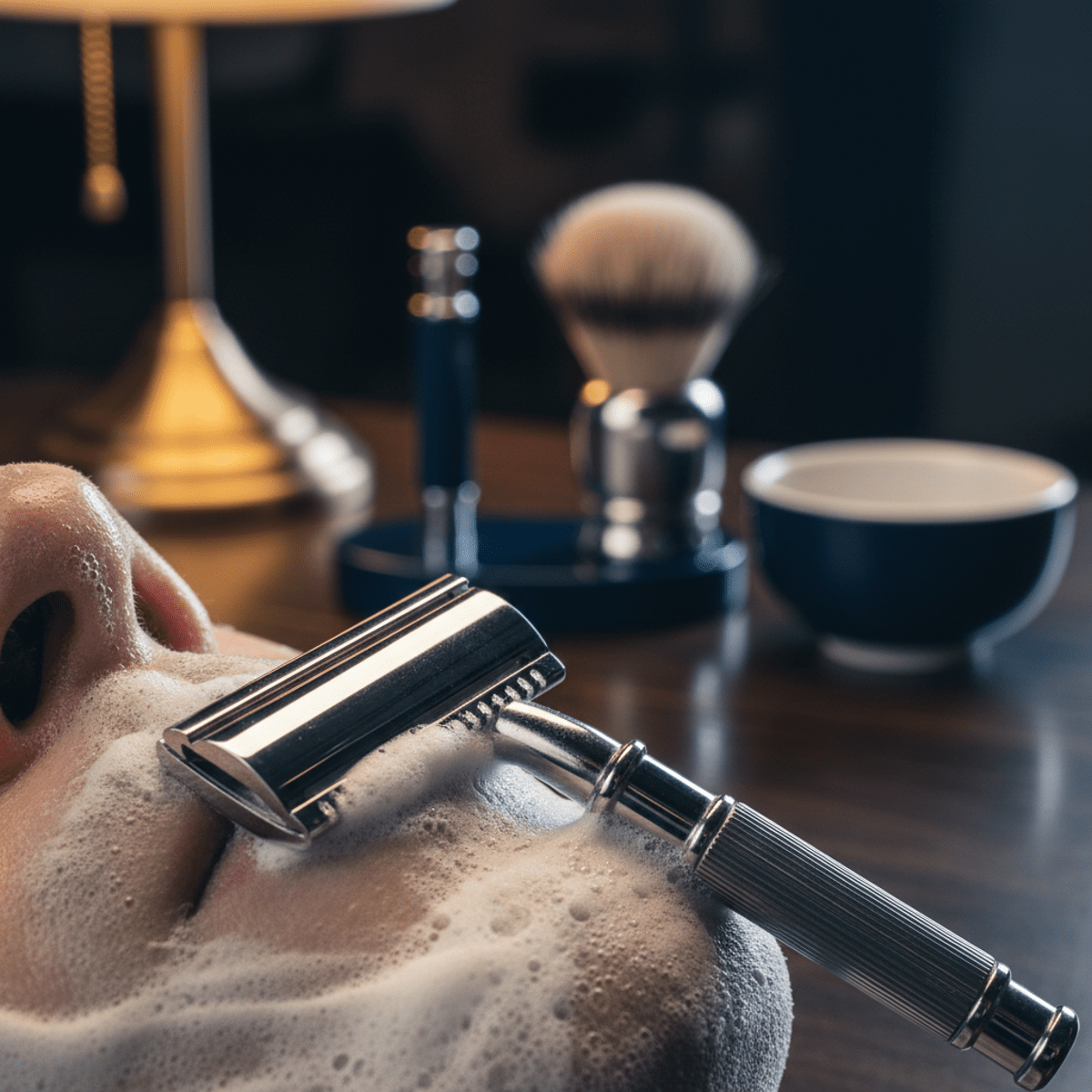 Close-up of a high-end safety razor blade gliding over smooth, freshly shaved skin with rich lather.